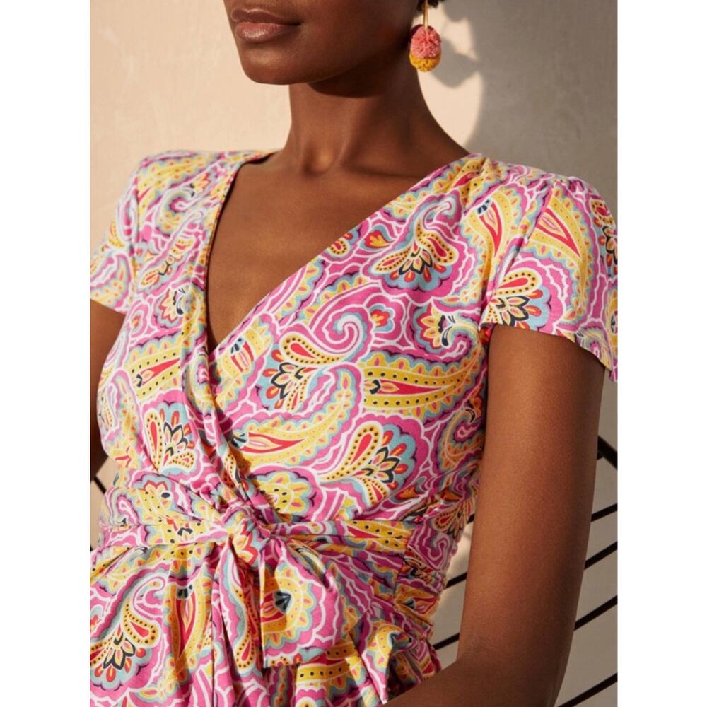 Boden Evangeline Jersey Faux Wrap Dress Pink Paisley Stretch Colorful 8 Petite - Picture 2 of 12